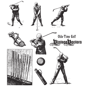 Vector art of Olde-Time Golf Vector Art: Swinging Golfers, Clubs, Ball