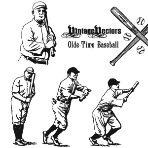 Vector art of classic basball players posing, also baseball bats and balls