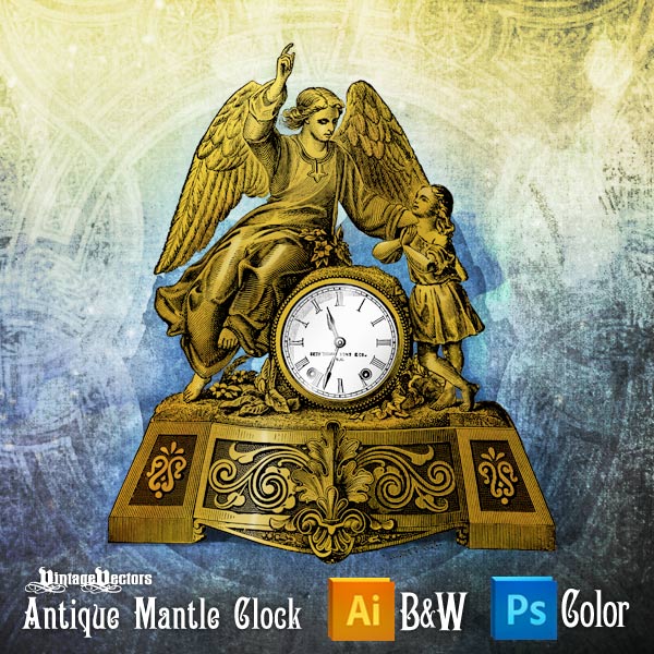 Vector art of Antique Mantle Clock With Angel and Child Statues