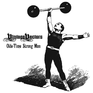 Vector art of classic strong man pose of a weightlifter raising a bar with one arm circus poster style