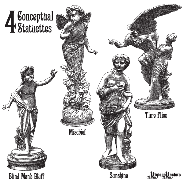 Vector art of a set of 4 old engravings of statuettes. Each represents a different concept