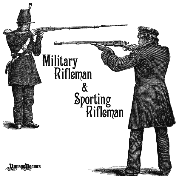 Vector art of two riflemen posing to shoot. One is a soldier with a military rifle, the other a man with a sporting/hunting rifle.