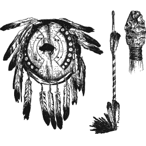 Vector art of Native American Weapons - buffalo hide shield, obsidian tip lance/arrowhead