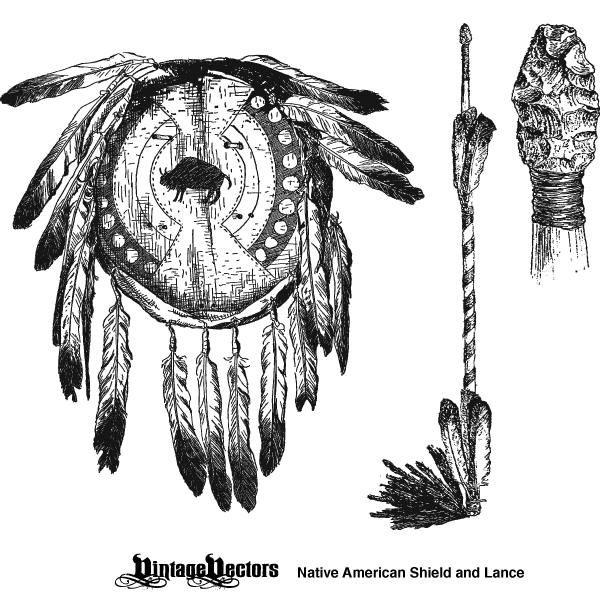 Vector art of Native American Weapons - buffalo hide shield, obsidian tip lance/arrowhead