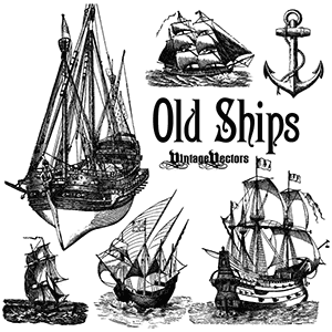 Vector art of Old Ships, Boats and Sailing Vessels and Anchor