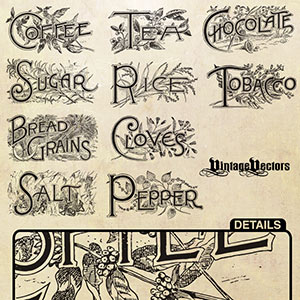 Free vector art download old engraved emblems: Bread Grains, Chocolate, Cloves, Coffee, Pepper, Rice, Salt, Sugar, Tea, Tobacco. 