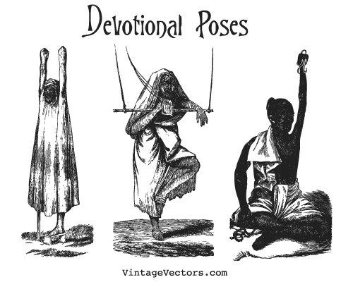 Vector art of very old engravings depicting early-1800's extreme religious devotion in India