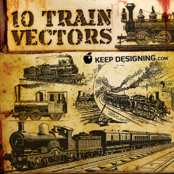 Vector art of old trains and rail cars