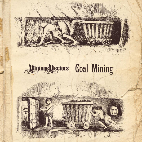 2 old engravings of children pulling coal carts in old coal mines.