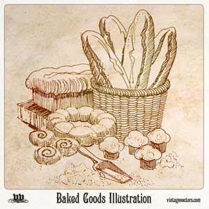 Vector art of Baked Goods Illustration - Folk Art Sketch Bread, Rolls, Cupcakes
