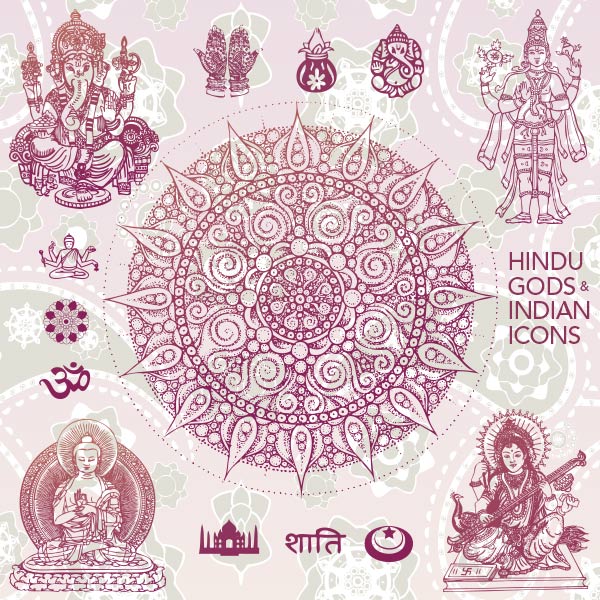 Hindu Gods Illustrations and Indian Ornaments